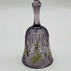 Fenton Art Glass Purple Mini Bell with Pink & White Flowers  4 1/4"H x 2 1/4"W